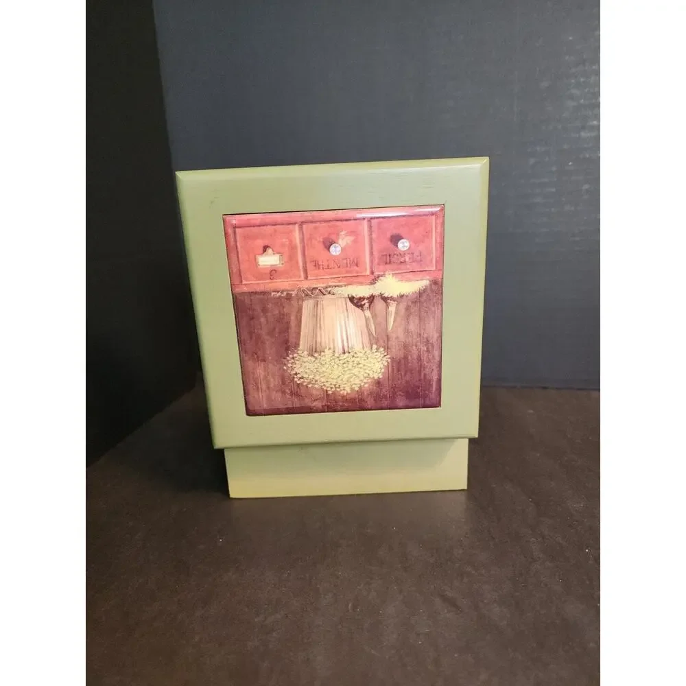 Arnie Fisk Print Tile Top Green Wooden Jewelry/Trinket Box 5.5